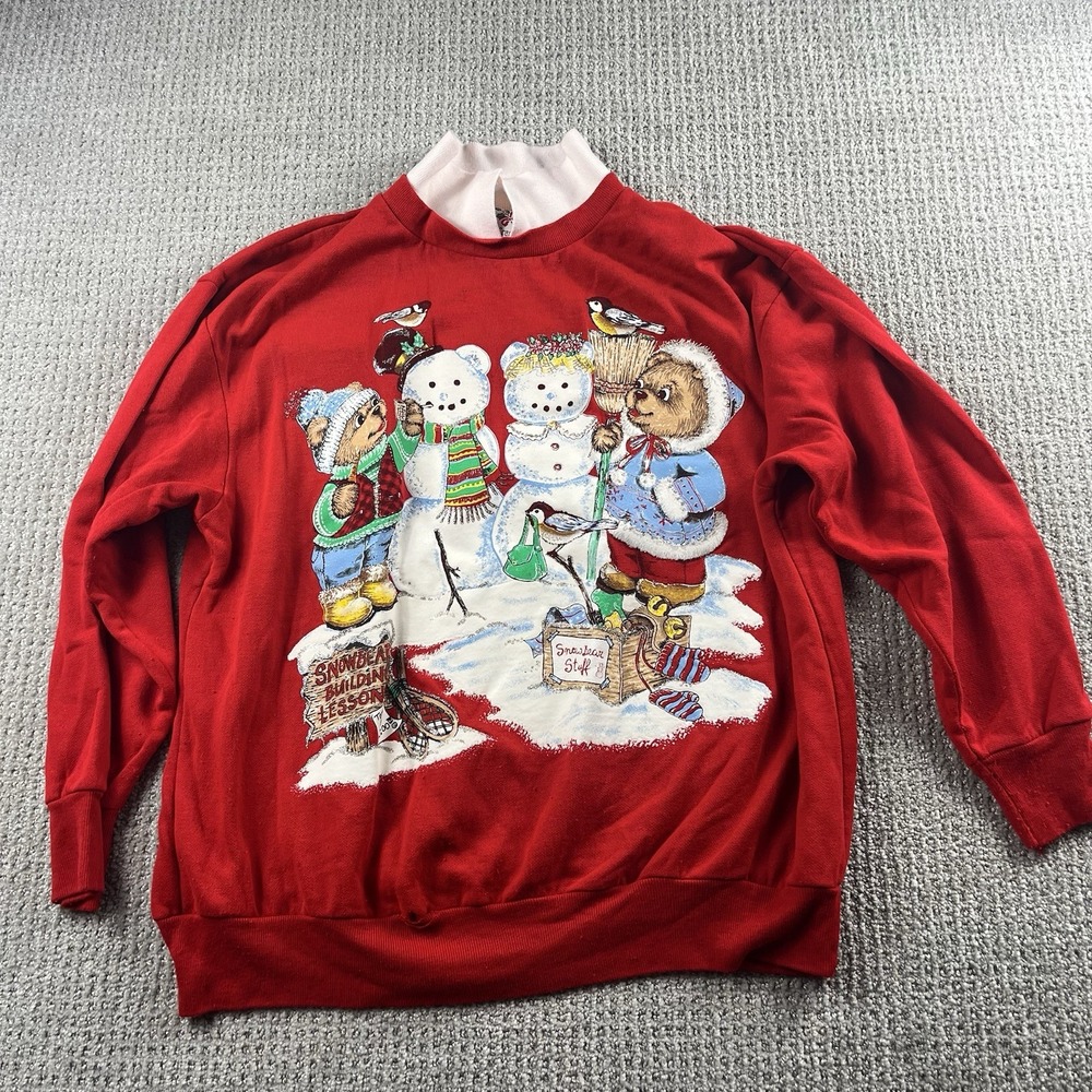 Vtg 60's NutCracker Red Painted CHRISTMAS Shirt SNOW BEARS Snowman Sweatshirt L